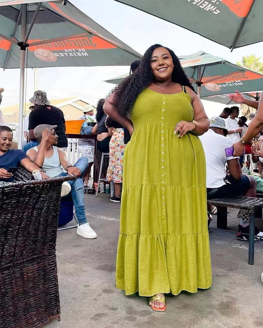 Green-yellow plus size maxi dress with tiered ruffle layers, scoop neck, short sleeves
