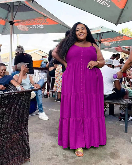 Purple plus size maxi dress with tiered ruffle layers, scoop neck, short sleeves