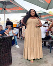 Wheat plus size maxi dress with tiered ruffle layers, scoop neck, short sleeves
