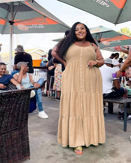 Wheat plus size maxi dress with tiered ruffle layers, scoop neck, short sleeves