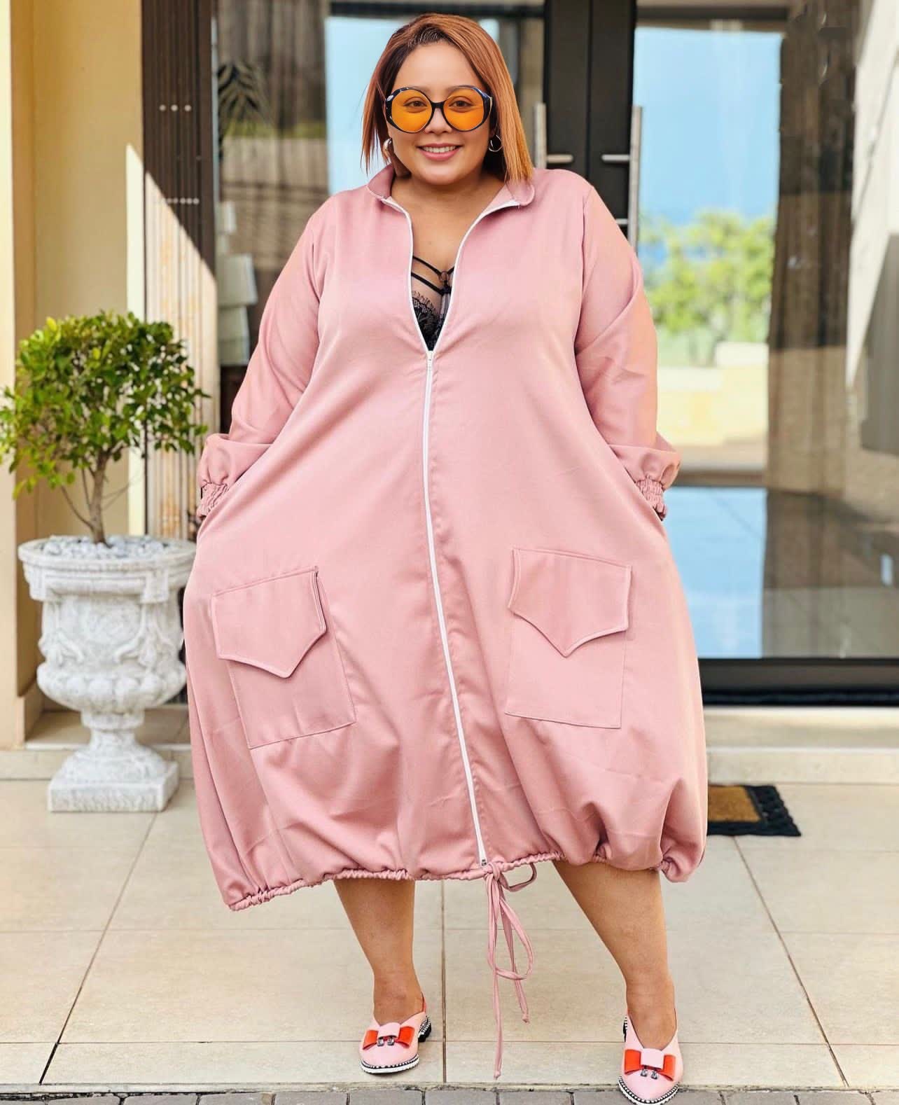 Pink puff sleeve midi dress with front zipper, patch pockets, drawstring hem