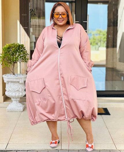 Pink puff sleeve midi dress with front zipper, patch pockets, drawstring hem