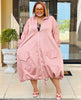 Pink puff sleeve midi dress with front zipper, patch pockets, drawstring hem