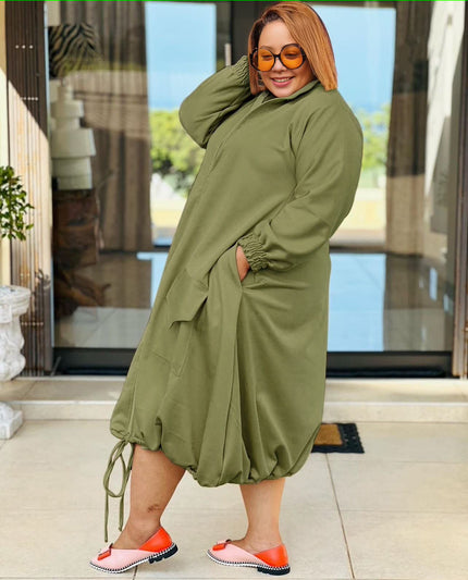 Olive puff sleeve midi dress with front zipper, patch pockets, drawstring hem