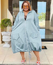 Sky-blue puff sleeve midi dress with front zipper, patch pockets, drawstring hem
