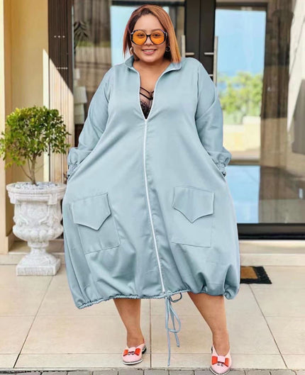 Sky-blue puff sleeve midi dress with front zipper, patch pockets, drawstring hem