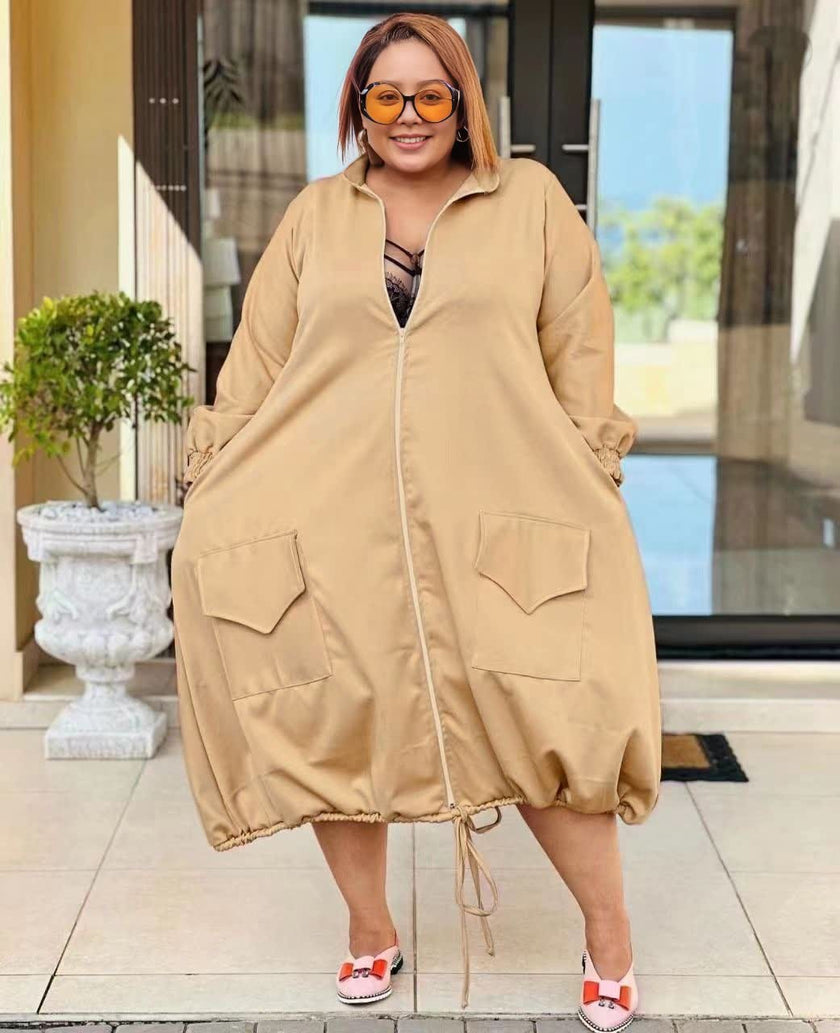 Beige puff sleeve midi dress with front zipper, patch pockets, drawstring hem