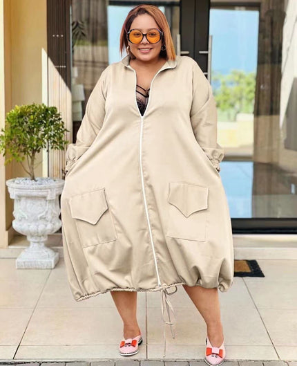 Cream puff sleeve midi dress with front zipper, patch pockets, drawstring hem
