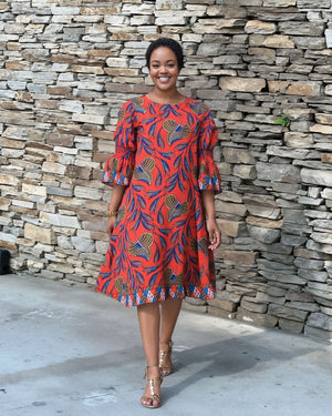 Red leaf-print midi dress with puff sleeves and ruffled hem