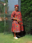 Ethnic Leaf Pattern Midi Dress with Relaxed Silhouette