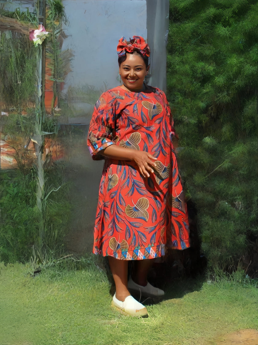 Ethnic Leaf Pattern Midi Dress with Relaxed Silhouette