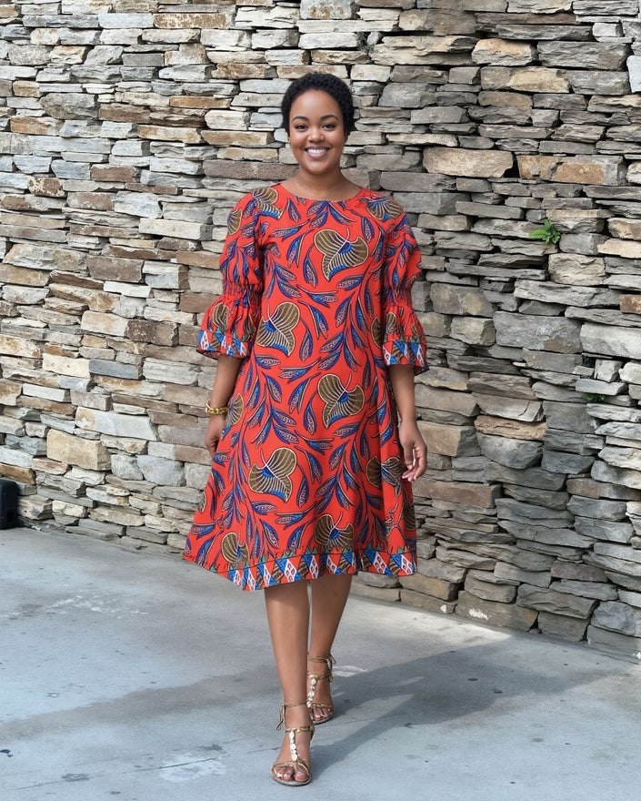 Red leaf-print midi dress with puff sleeves and ruffled hem
