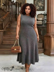 Ribbed knit A-line midi dress, sleeveless grey flared skirt