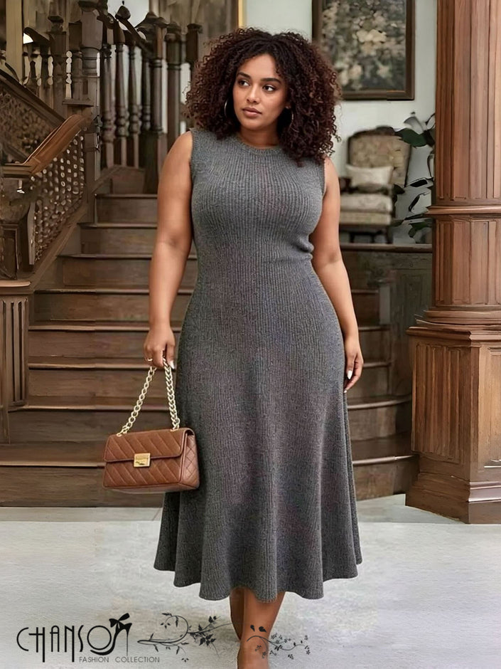 Ribbed knit A-line midi dress, sleeveless grey flared skirt