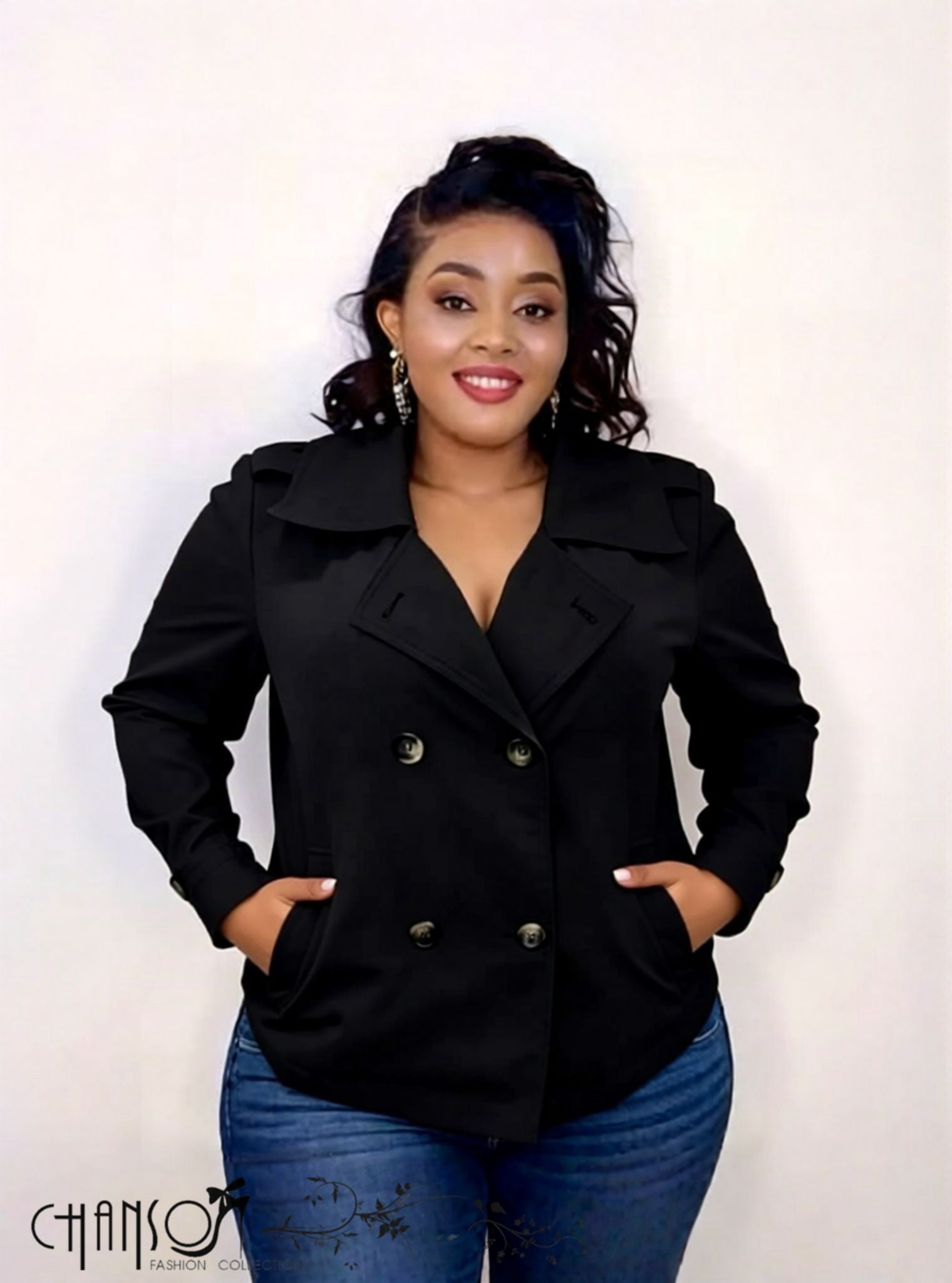 Double-breasted trench jacket in black, wide collar and buttoned front