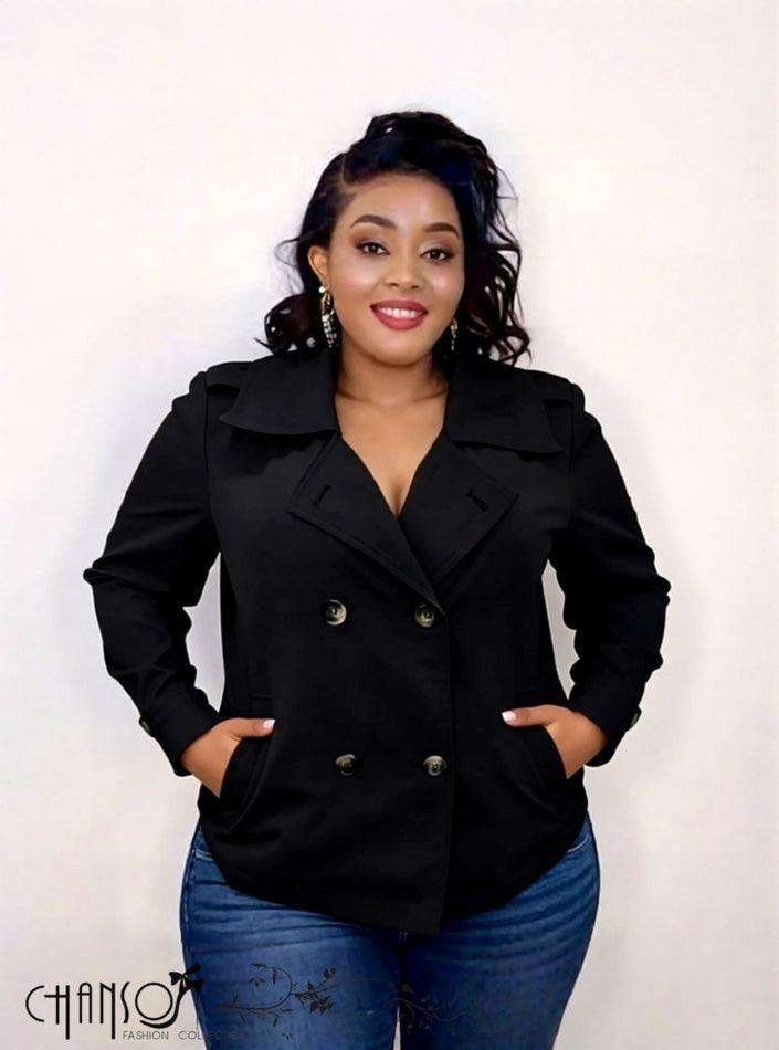 Double-breasted trench jacket in black, wide collar and buttoned front