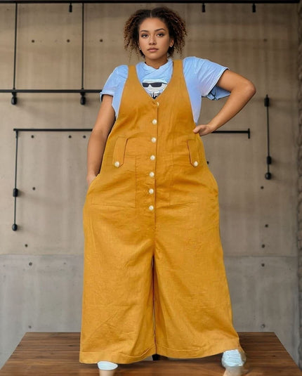 Yellow sleeveless button-front wide-leg jumpsuit with two side pockets