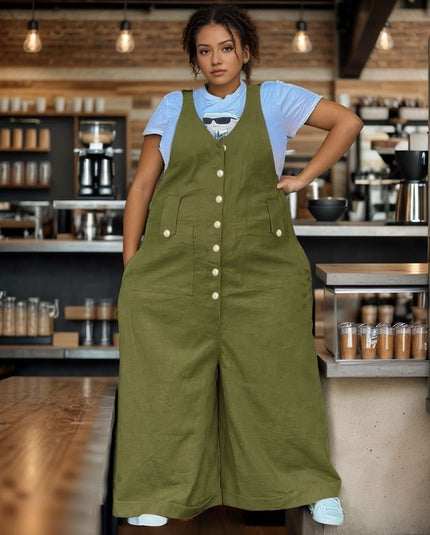 Army-green sleeveless button-front wide-leg jumpsuit with two side pockets