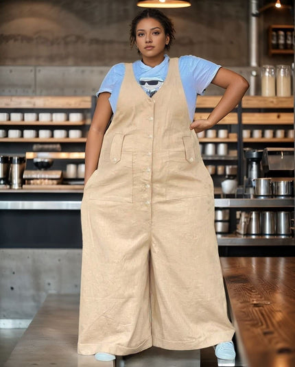 Beige sleeveless button-front wide-leg jumpsuit with two side pockets