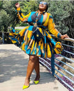 Plus size geometric patchwork dress, collared neckline, long sleeves, flared skirt