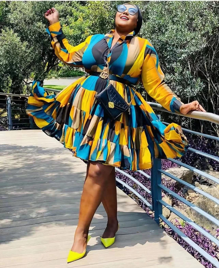 Plus size geometric patchwork dress, collared neckline, long sleeves, flared skirt