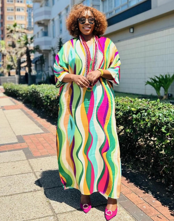 Plus size wave-pattern maxi dress, multicolor with loose wide sleeves and long hem
