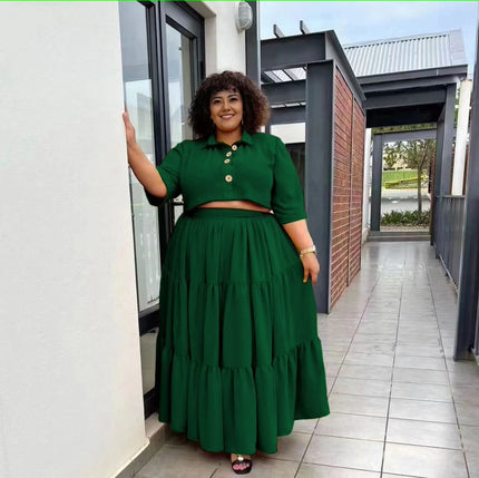Dark-green tiered maxi skirt with stretch waist, gathered ruffle tiers