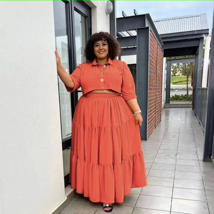 Dark-orange tiered maxi skirt with elastic stretch waist and stacked ruffles