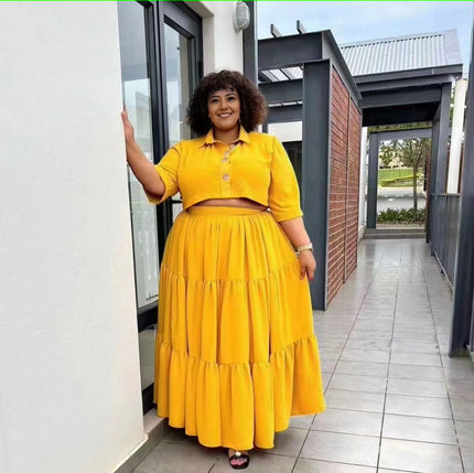 Yellow tiered maxi skirt with stretch waist, voluminous gathered ruffle panels