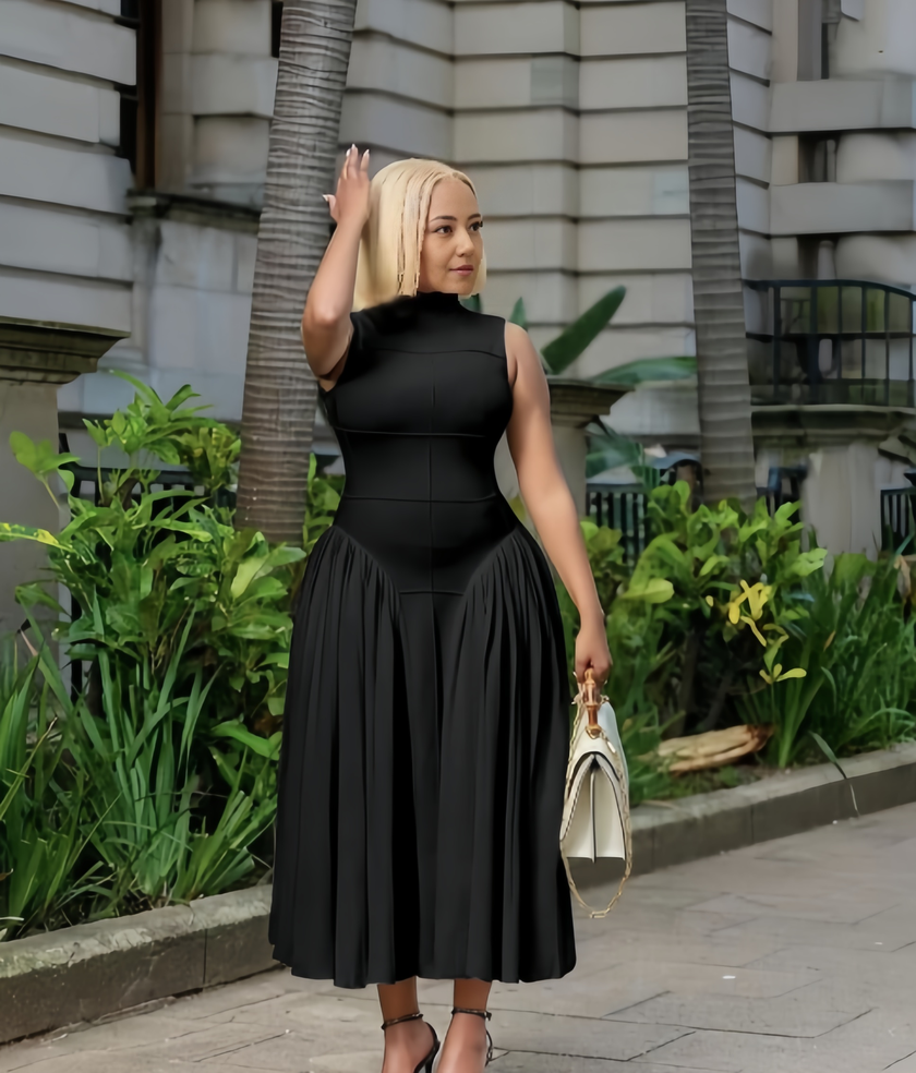 Black A-line midi dress with defined waist, sleeveless high neck, pleated full skirt