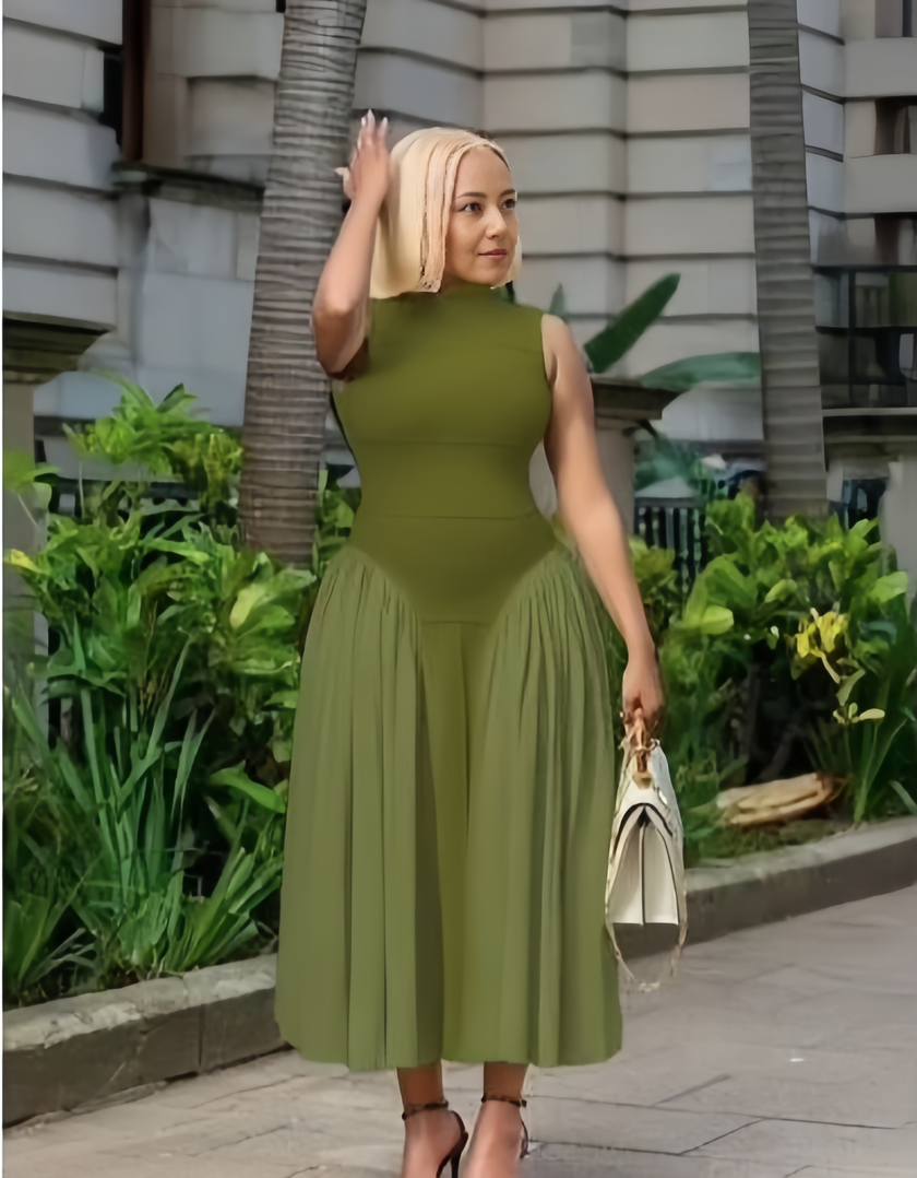 Dark-olive-green A-line midi dress with defined waist, sleeveless high neck, pleated skirt