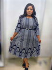Wavy midi dress with belted waist, black and white swirl print, short sleeves