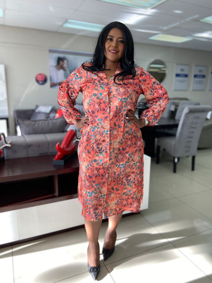 Floral Knee-Length Dress with Front Button Detailing