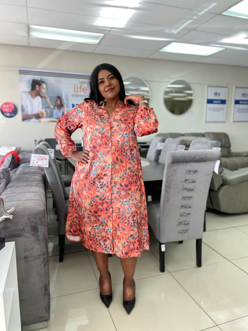 Floral midi button-front dress with long sleeves, coral base and pink flowers