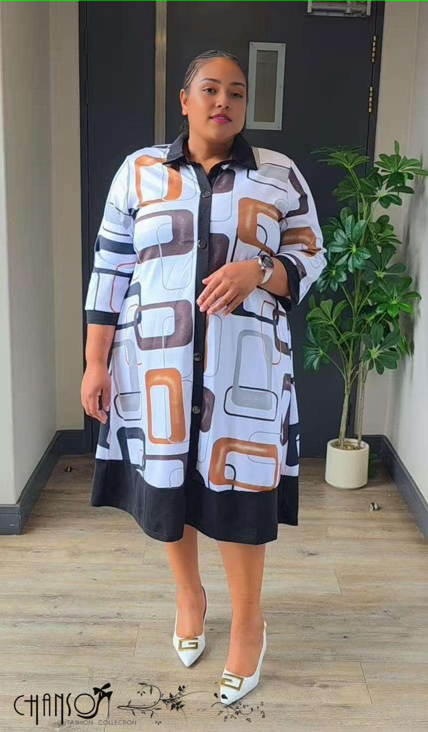 Plus size shirt dress in black with geometric orange and white print, collared midi