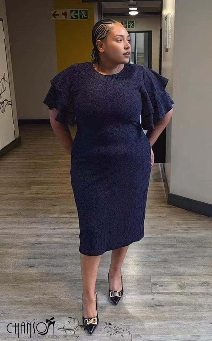 Plus size midi dress with ruffle sleeves, dark color, straight fitted silhouette