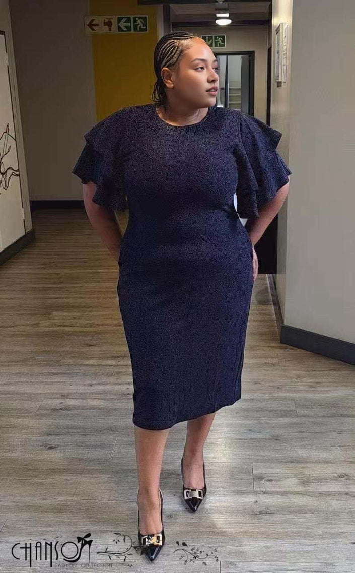 Plus size midi dress with ruffle sleeves, dark solid knit