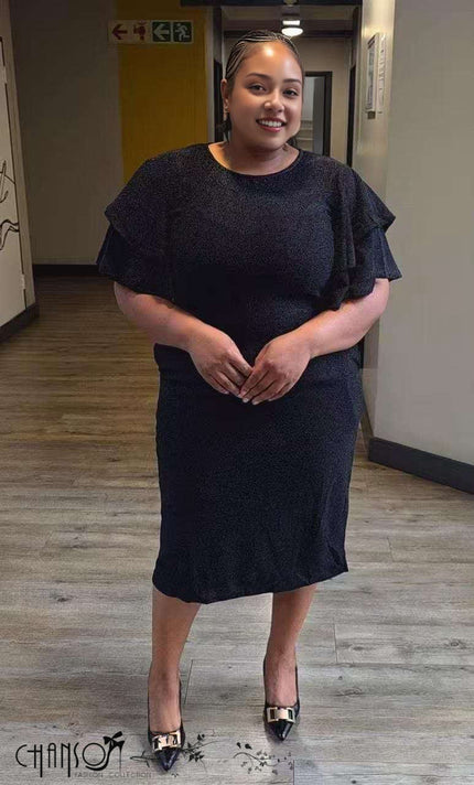 Plus size midi dress with ruffle sleeves, dark tone, knee-length fitted front view