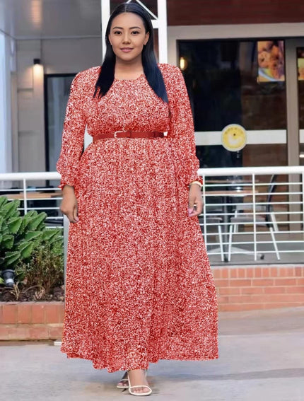 Red speckled plus-size maxi dress with long sleeves, round neck, belted waist