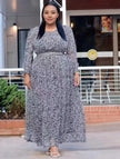 Plus size maxi dress with long sleeves, stretch waist, black speckled print