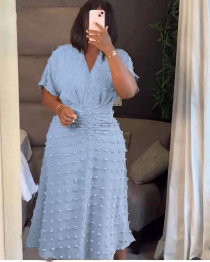 Textured Dot V-Neck Short Sleeve Dress with Cinched Waist