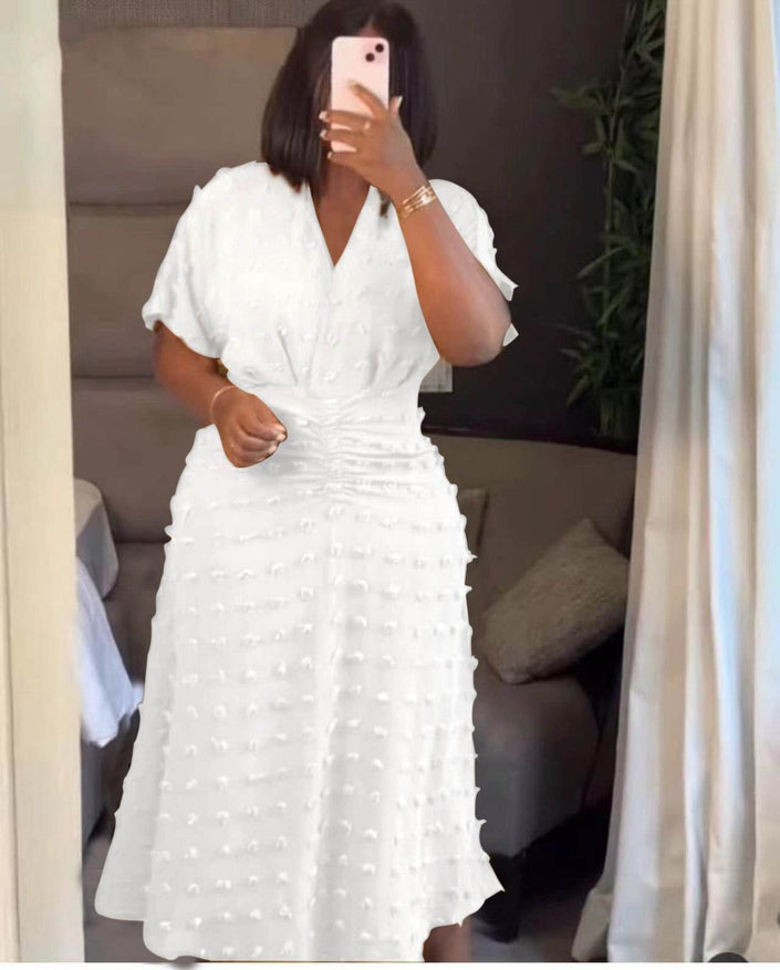 White textured dot midi dress with cinched waist, V-neck, short sleeves