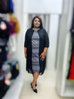 Navy-blue plus-size midi dress with swirl stripe print, 3/4 sleeves and crew neckline