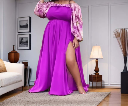 Plus size off-shoulder floral maxi dress in purple with long ruffled sleeves, side slit