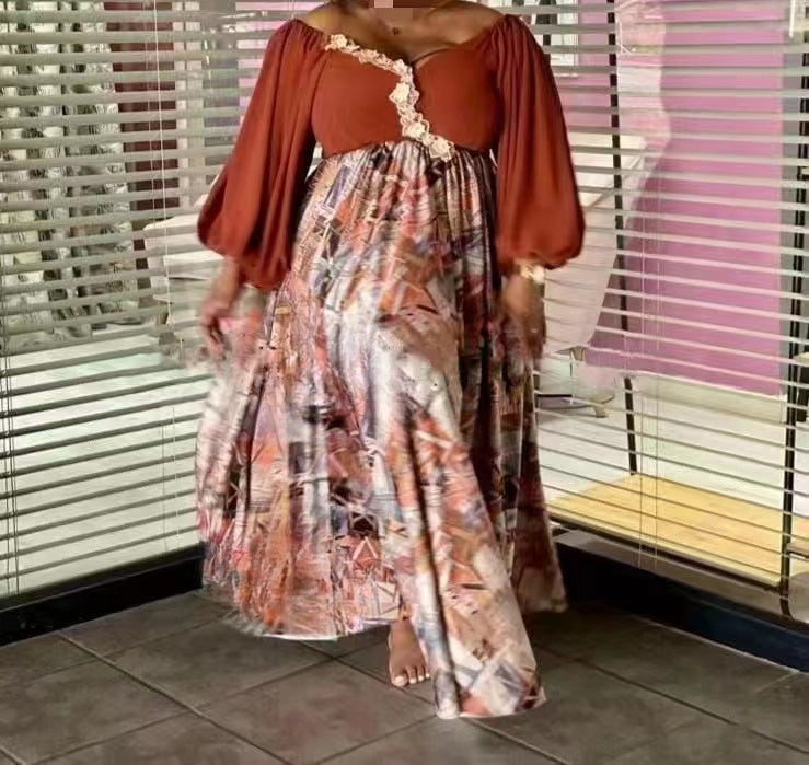 Rust maxi dress with lace-trim empire waist, puff sleeves, and patterned skirt