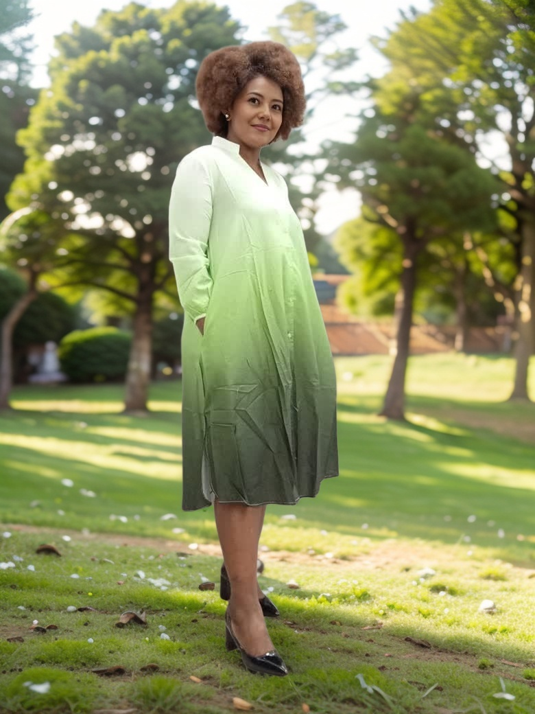 Ombre V-neck midi dress in light-to-dark green gradient, long sleeves