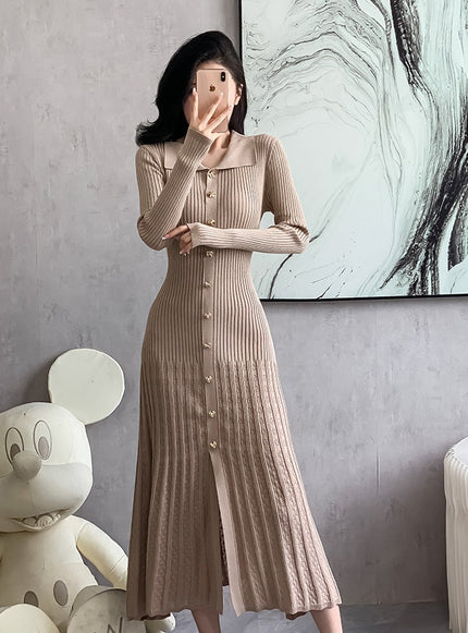 Button-Front Ribbed Knit Midi Dress Long Sleeve Chic