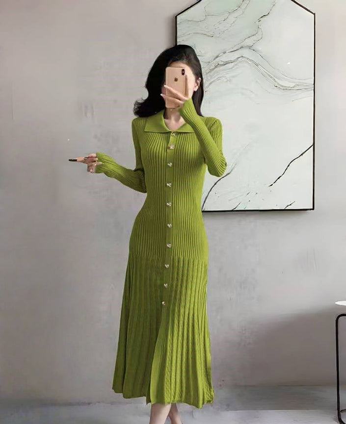 Yellow-green ribbed knit midi dress with button front and long sleeves