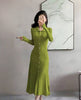 Button-Front Ribbed Knit Midi Dress with Long Sleeves and Pleated Hem Design