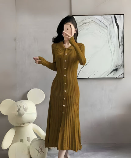 Button-Front Ribbed Knit Midi Dress Long Sleeve Chic